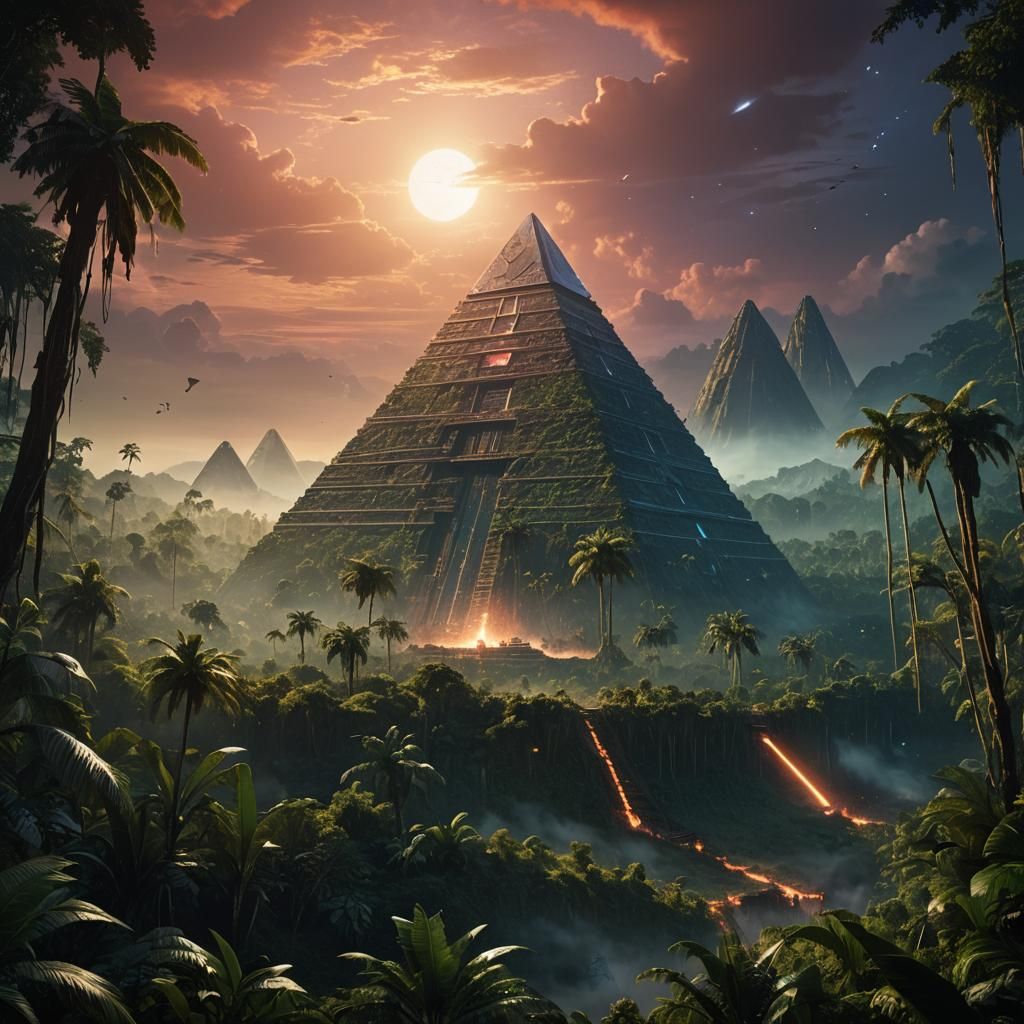 Futuristic Pyramid in Jungle at Sunset