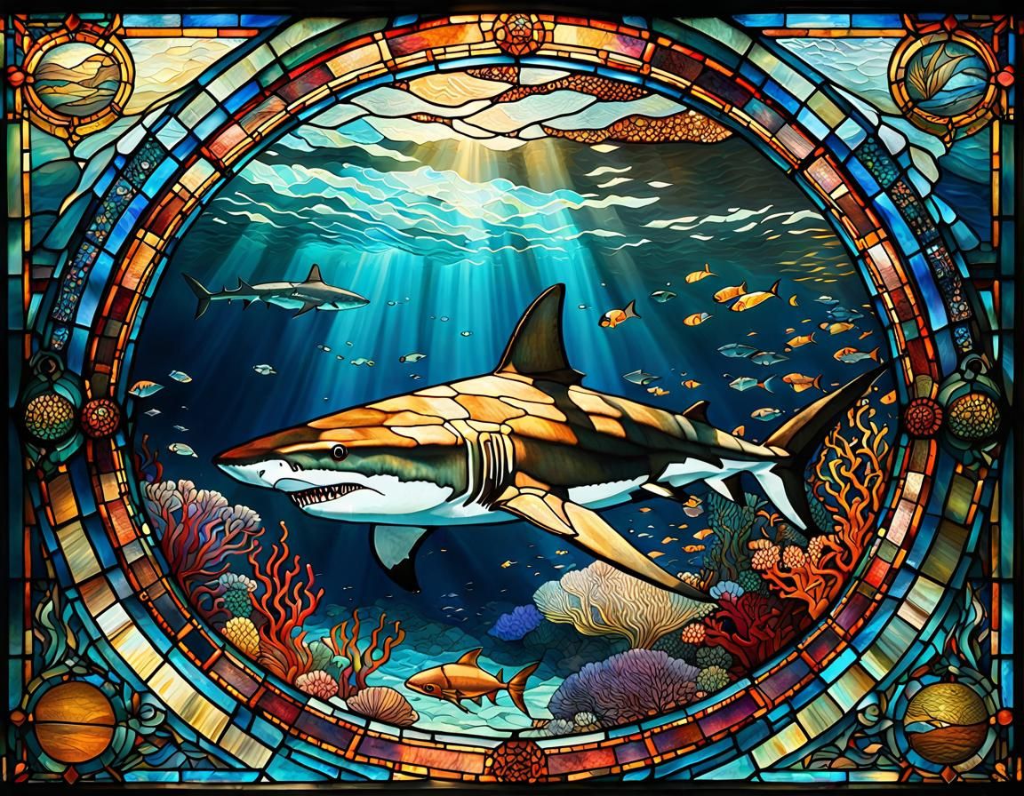 Art Deco Stained Glass: Shark Hunt and Sailboat