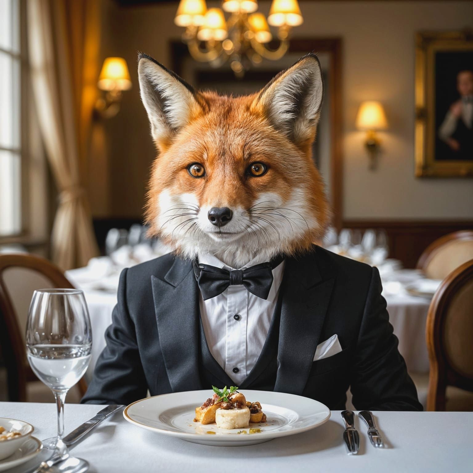 Fox in Tuxedo at Dinner Party, Photorealistic Style