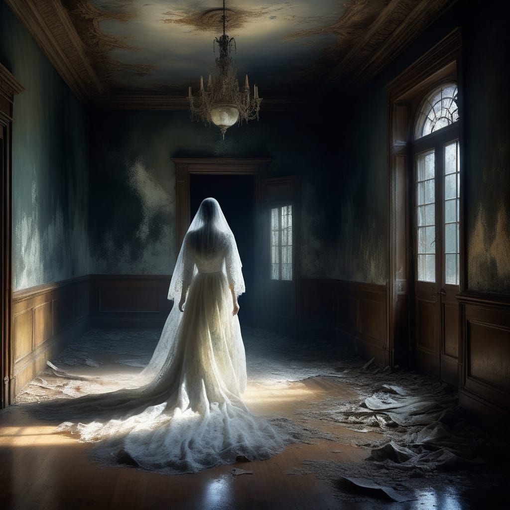 Ethereal Ghostly Figure in Victorian Mansion Explores Abando...
