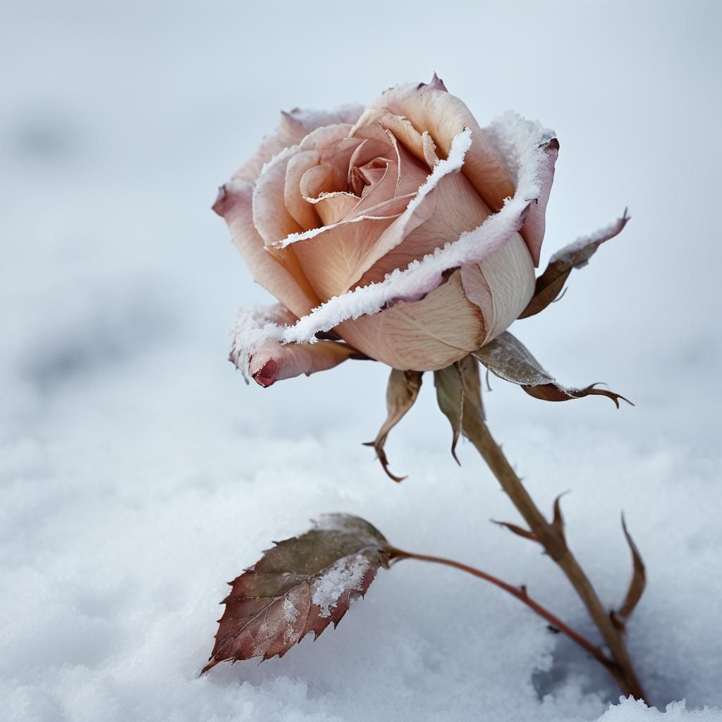 Withered Rose in Snow: Romantic Impressionist Watercolor
