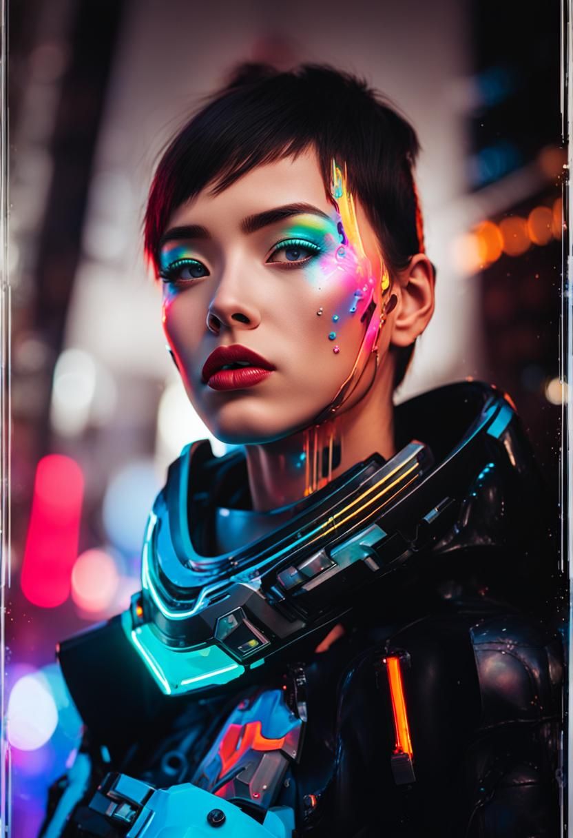 Cyborg Girl in Neon City Graffiti Art
