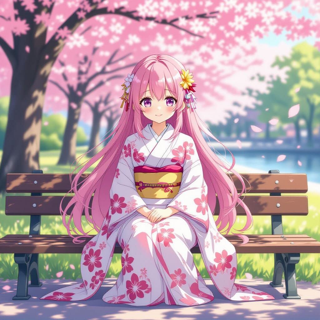 Anime Girl in Kimono on Park Bench