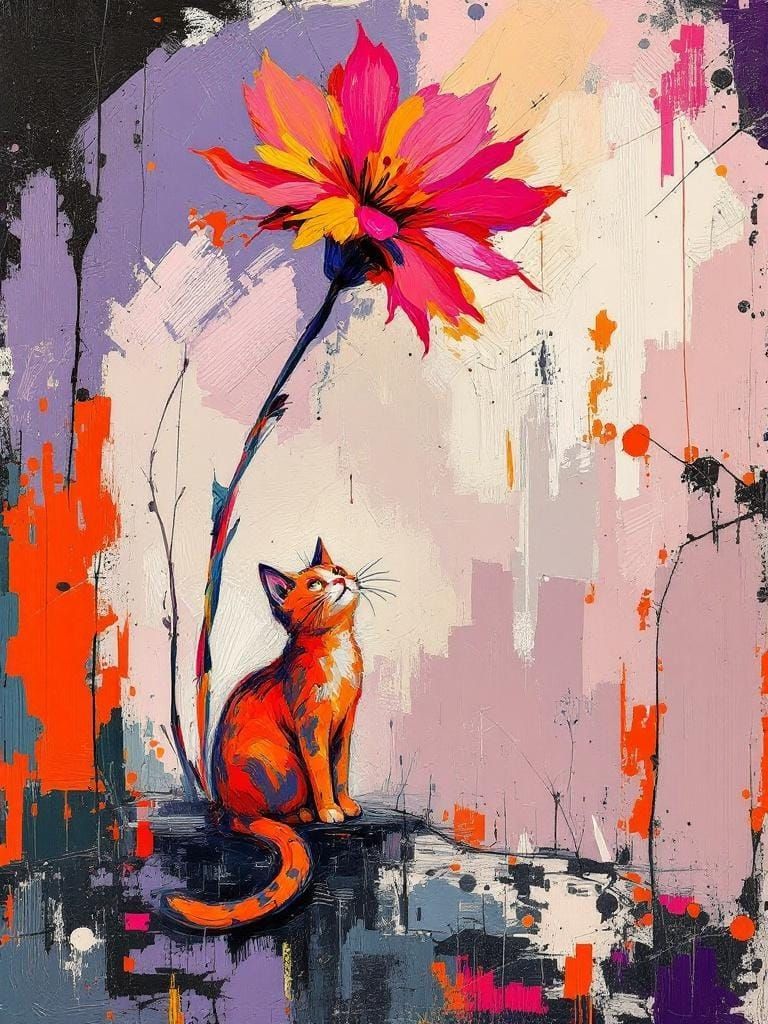 Cat Admires Flower with Gestural Impasto Brushstrokes