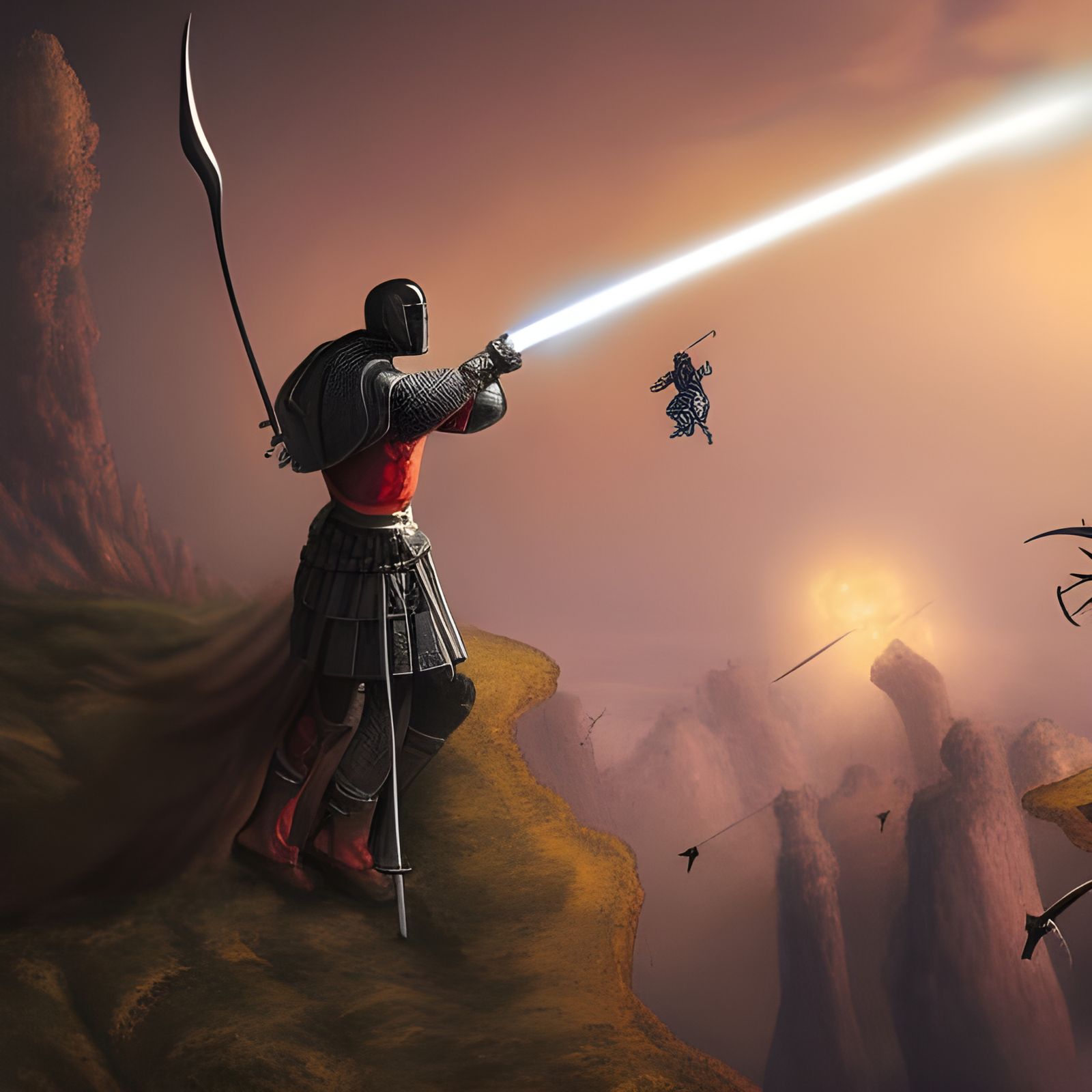 Knight vs Alien Battle on Cliff in Hyperrealism