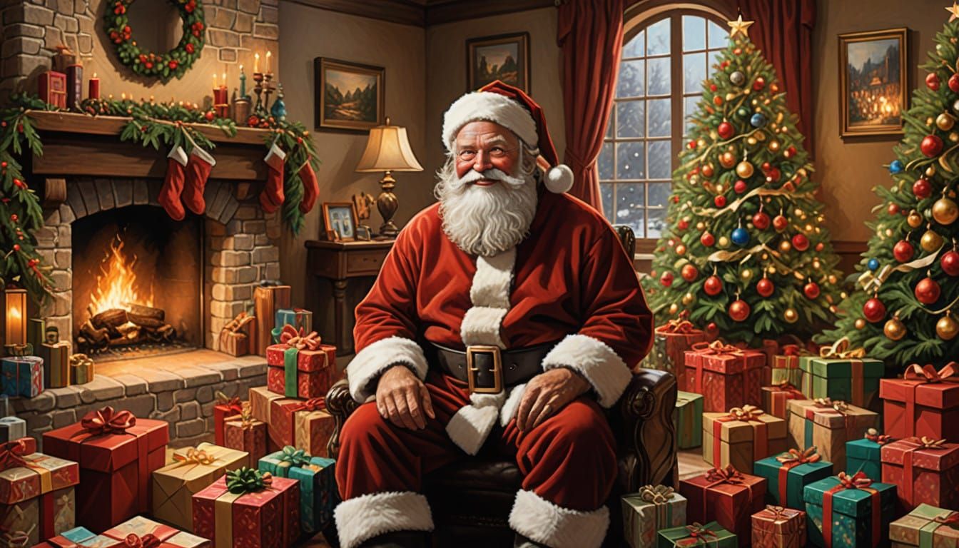 Hyperrealistic Santa Claus Surrounded by Christmas Magic