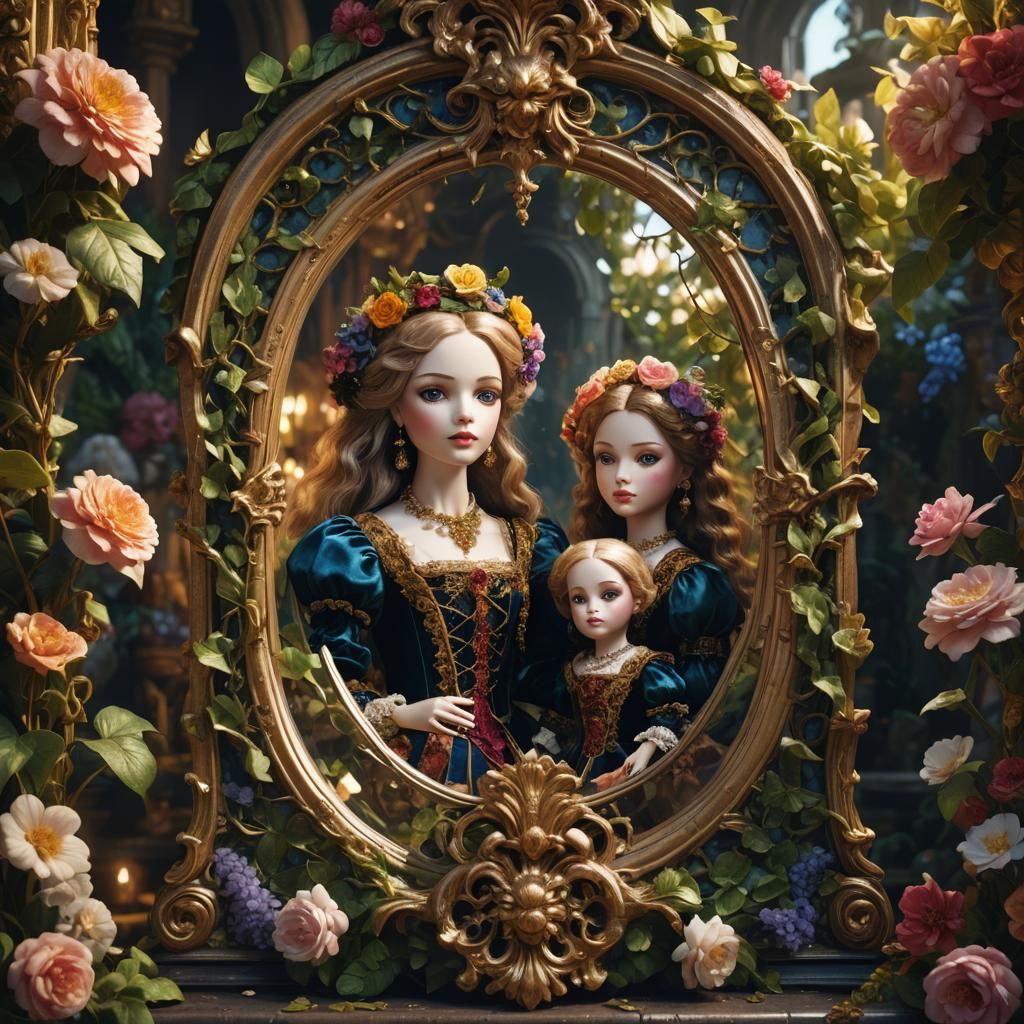Baroque Dolls Reflected in Floral Mirror