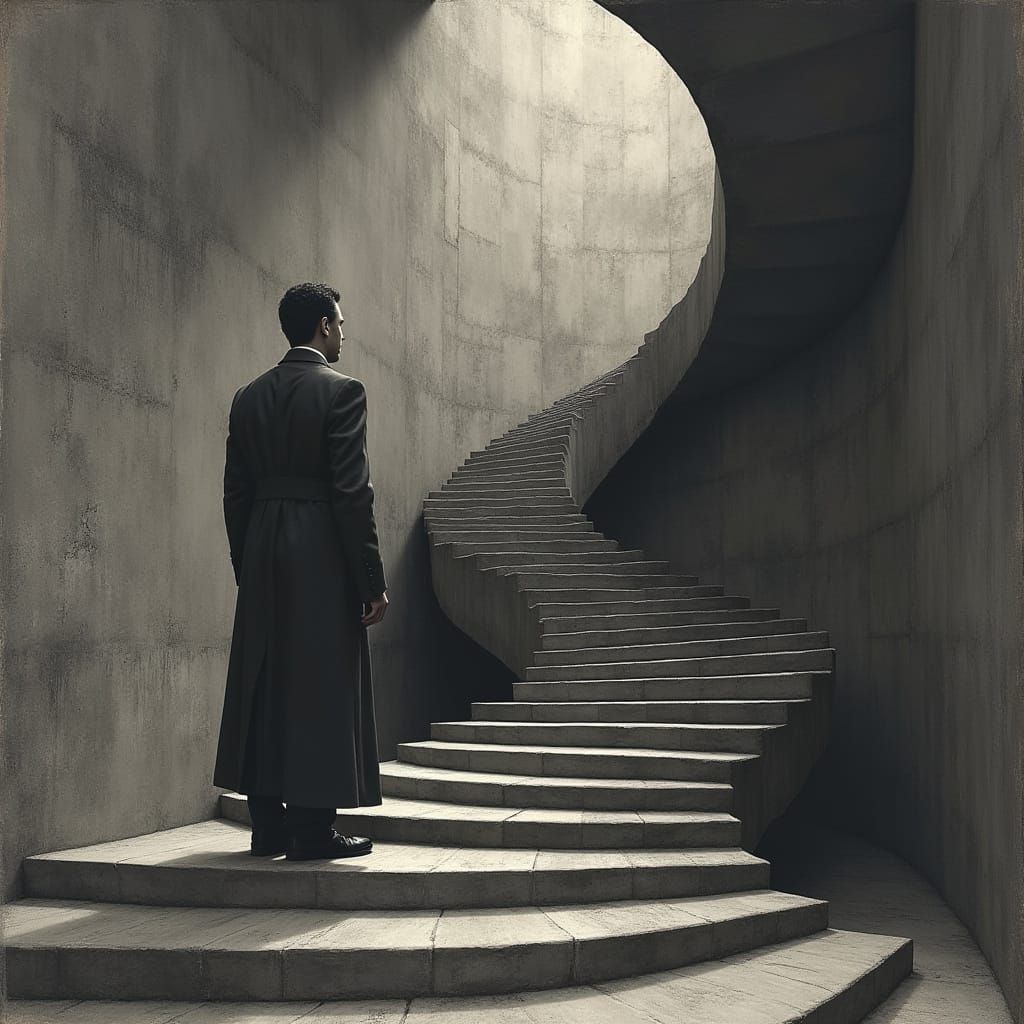 Surreal Staircase with Figure in Dystopian Style