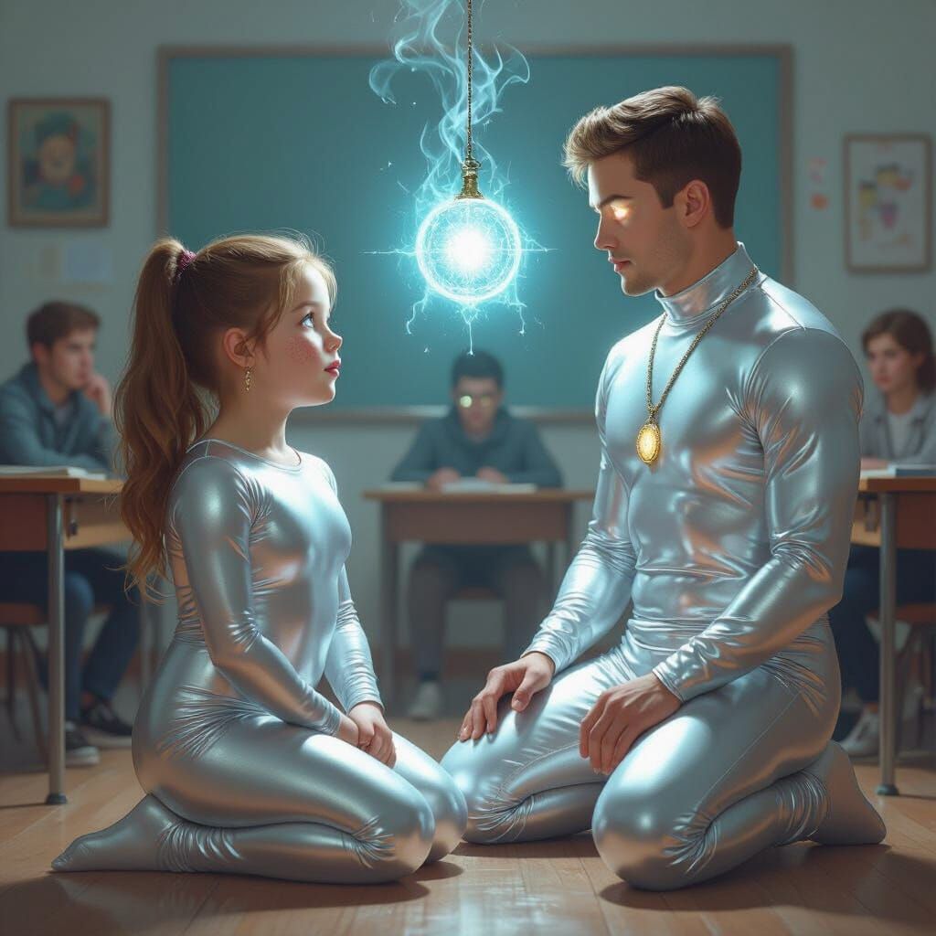 Girl Hypnotized by Glowing Man, Futuristic Mystical Art
