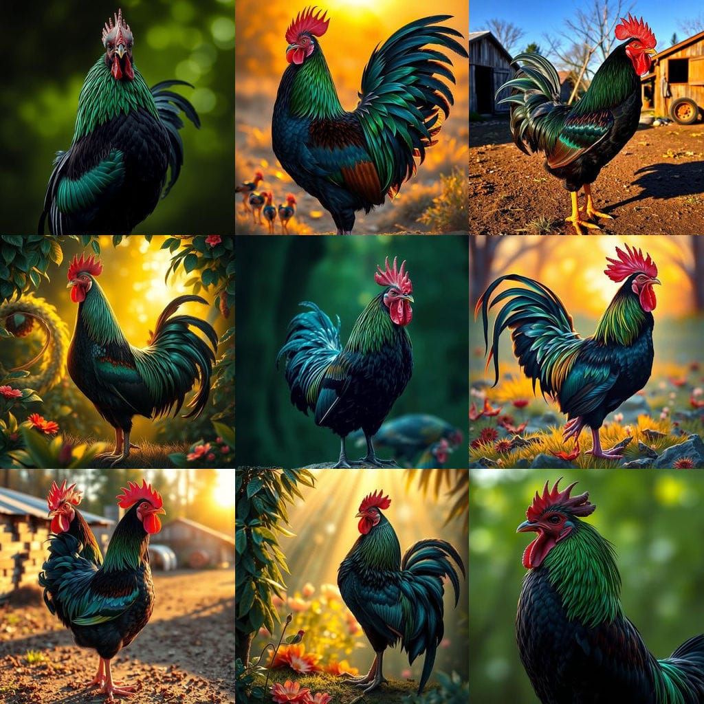 Striking Black and Green Rooster Art