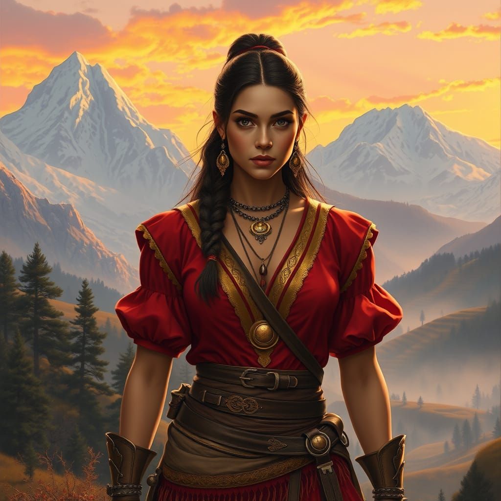 Warrior Princess in Snow-Capped Mountains, Fantasy Art