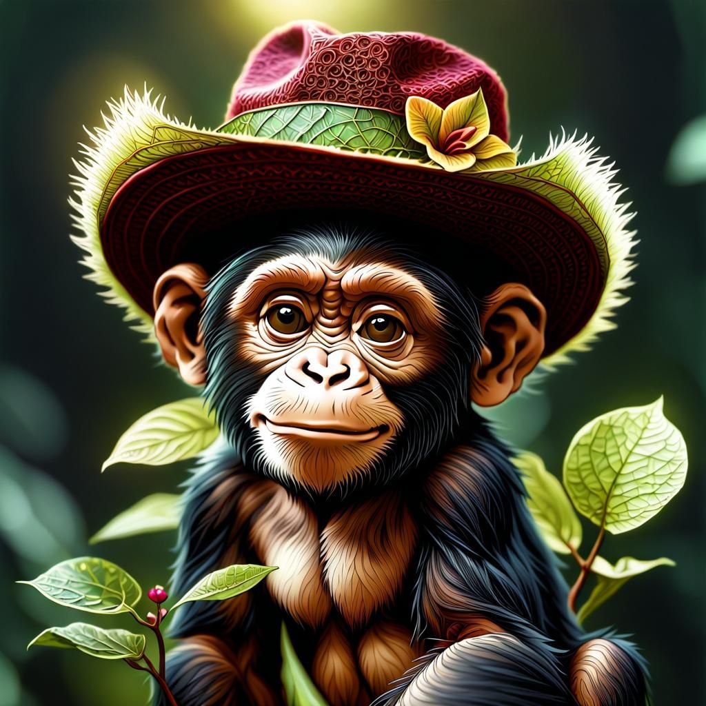 Chimpanzee in Fedora Amidst Fractal Botanical Art