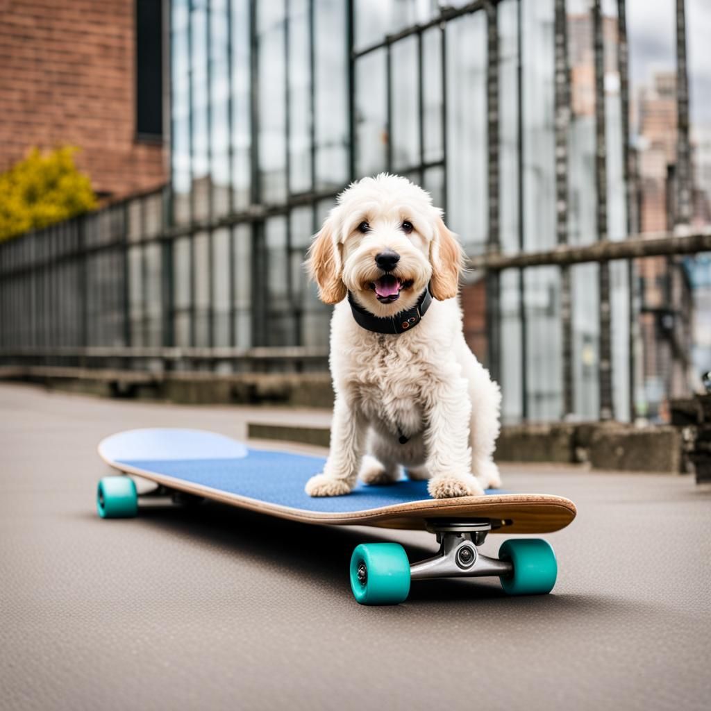 a white goldendoodle on a skateboard