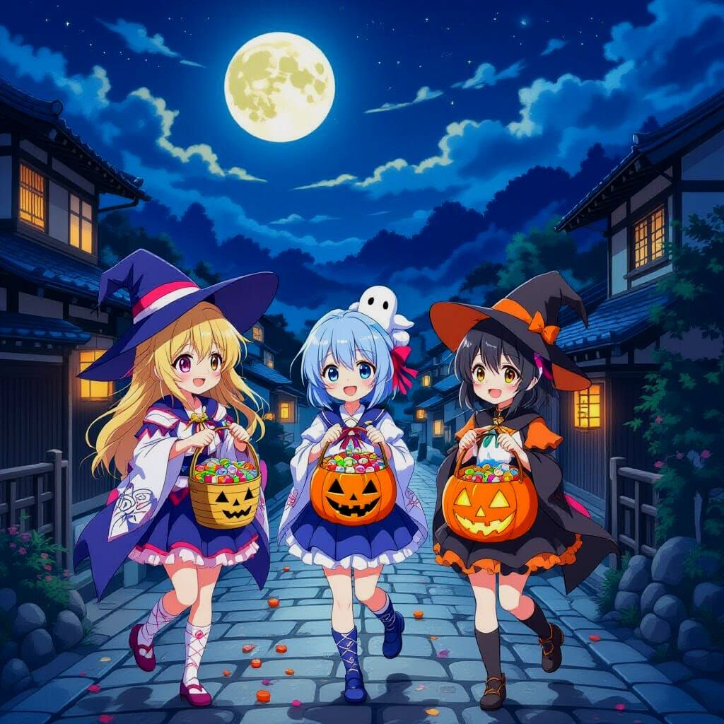 Anime Halloween Night Ukiyo-e Style Trick-or-Treat