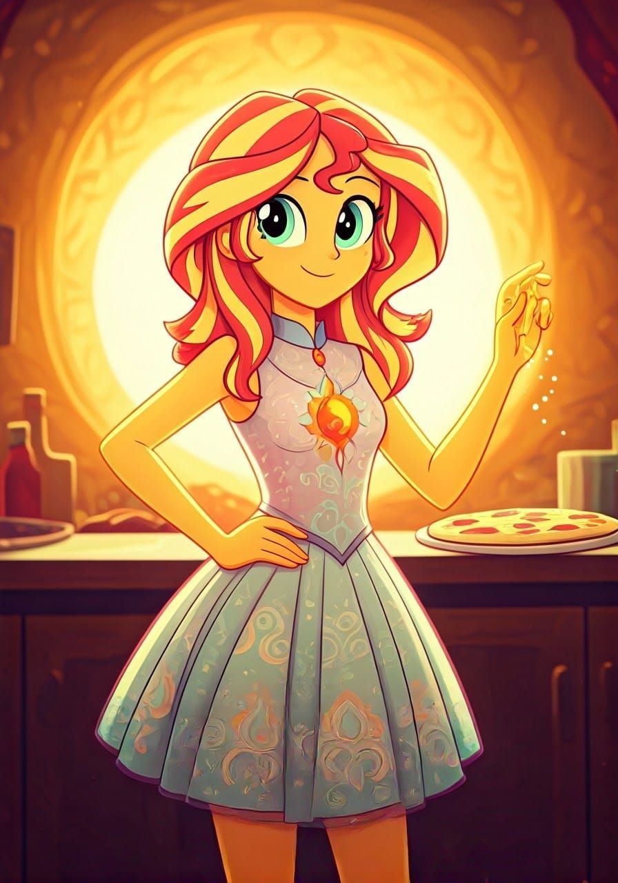 Sunset Shimmer Cooks Pizza in Art Nouveau Style