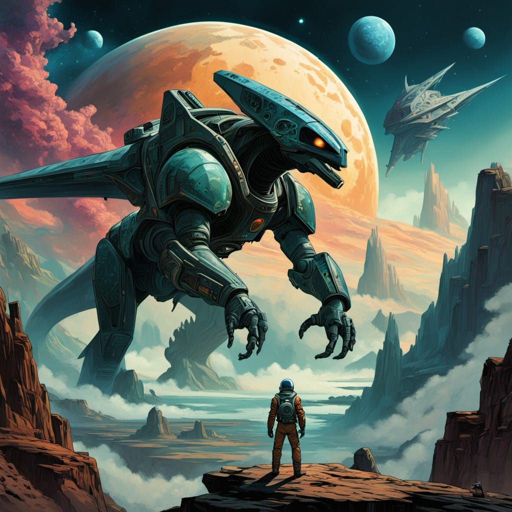 Astronaut on Alien Planet Gazing at Nebula