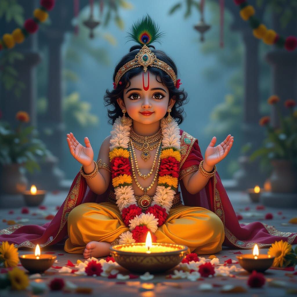 Child Krishna's Birthday: A Hyperrealistic Cinematic Scene