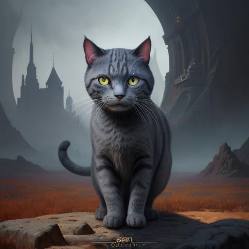 Gray Cat Gazing into a Meatball: Detailed Matte Painting