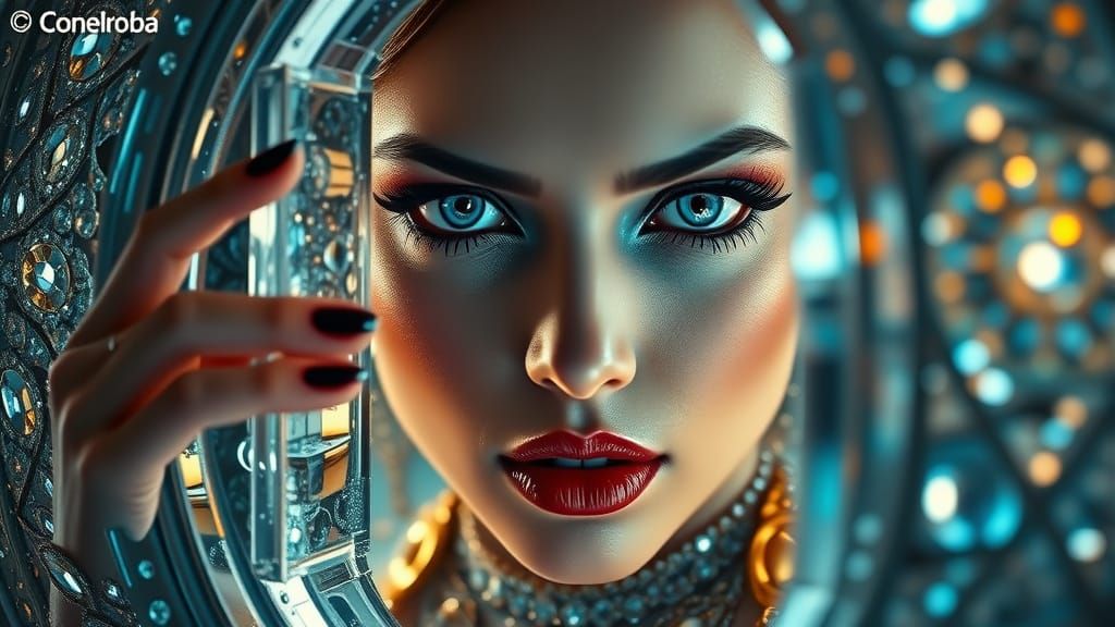 Ethereal Woman Gazing Through Crystalline Window