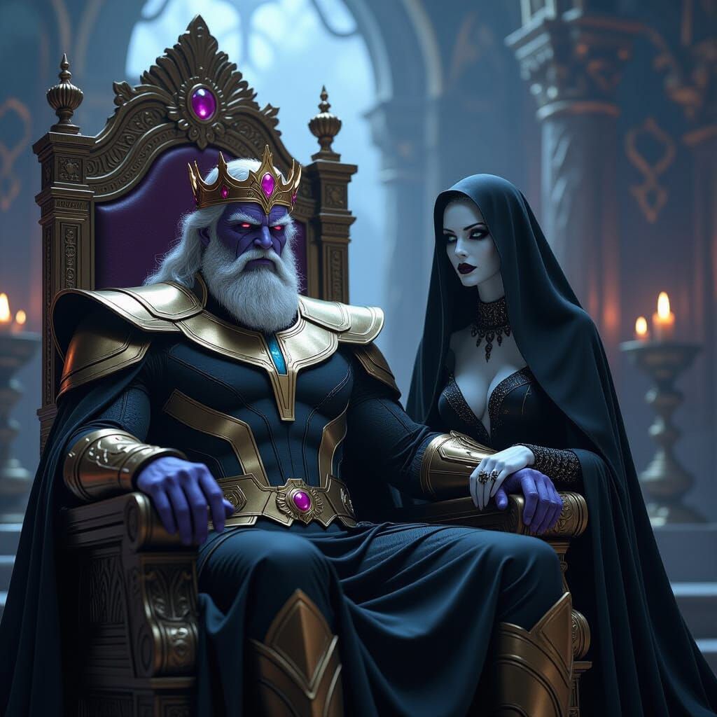 old king thanos with gold crown sits on the throne pleasing ...