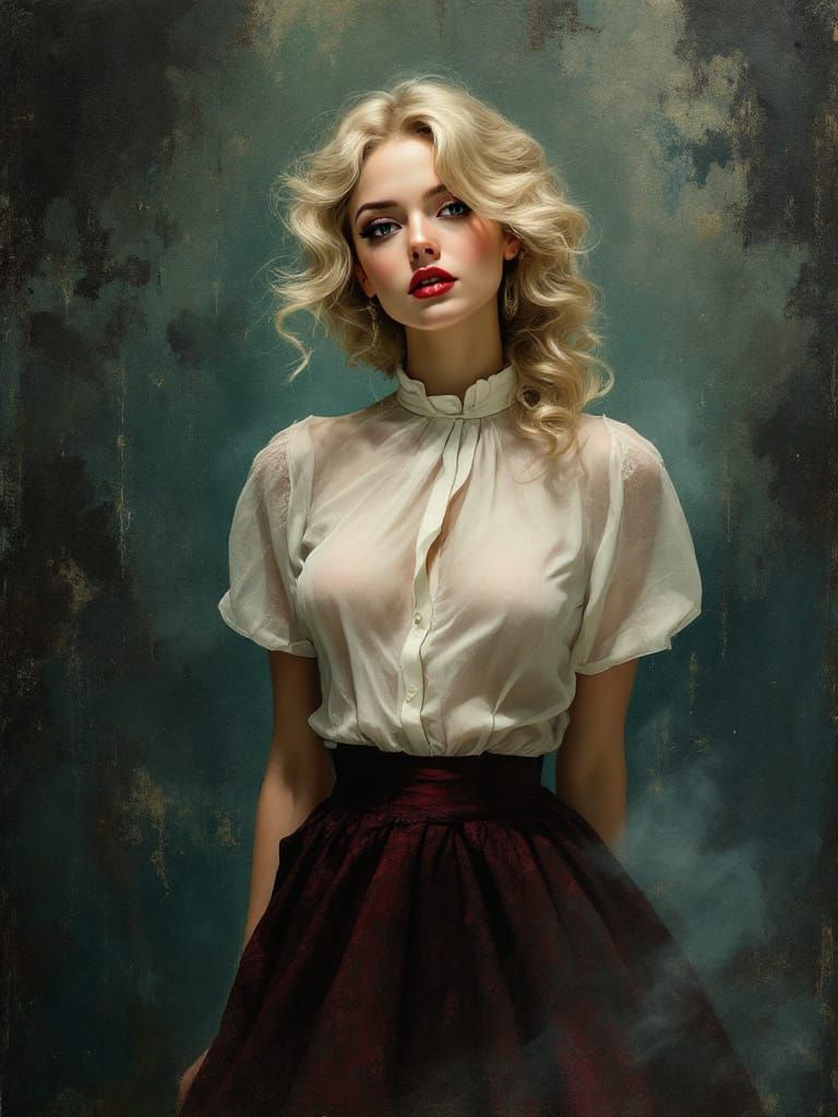 1950s Pin Up Woman in Maroon Skirt and White Blouse