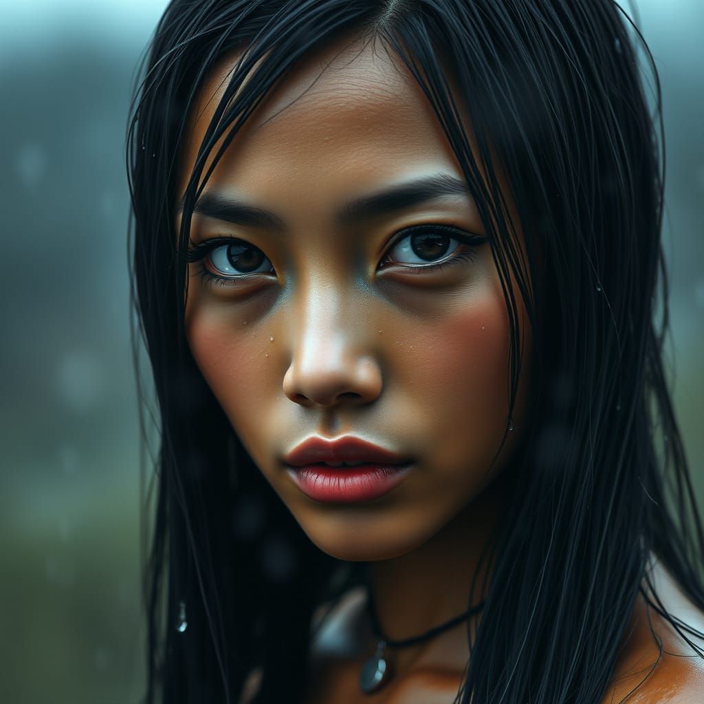 Mysterious Asian Woman in Rainy Landscape