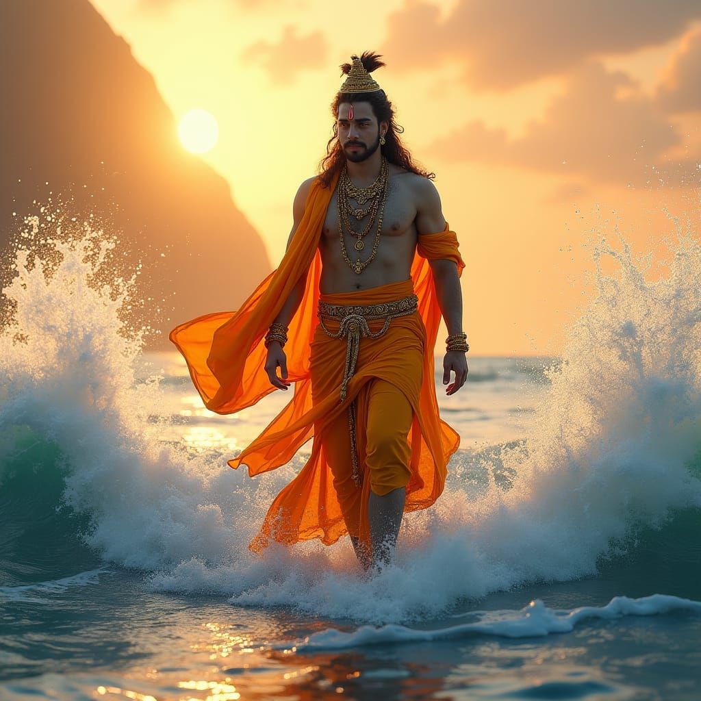 Krishna Walks on Water at Sunset