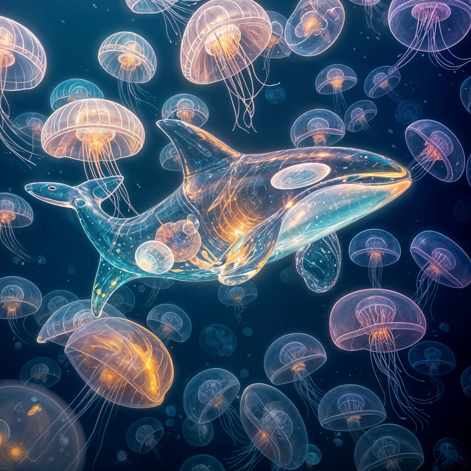 Glowing Glass Orca in Ocean, Graffiti Art