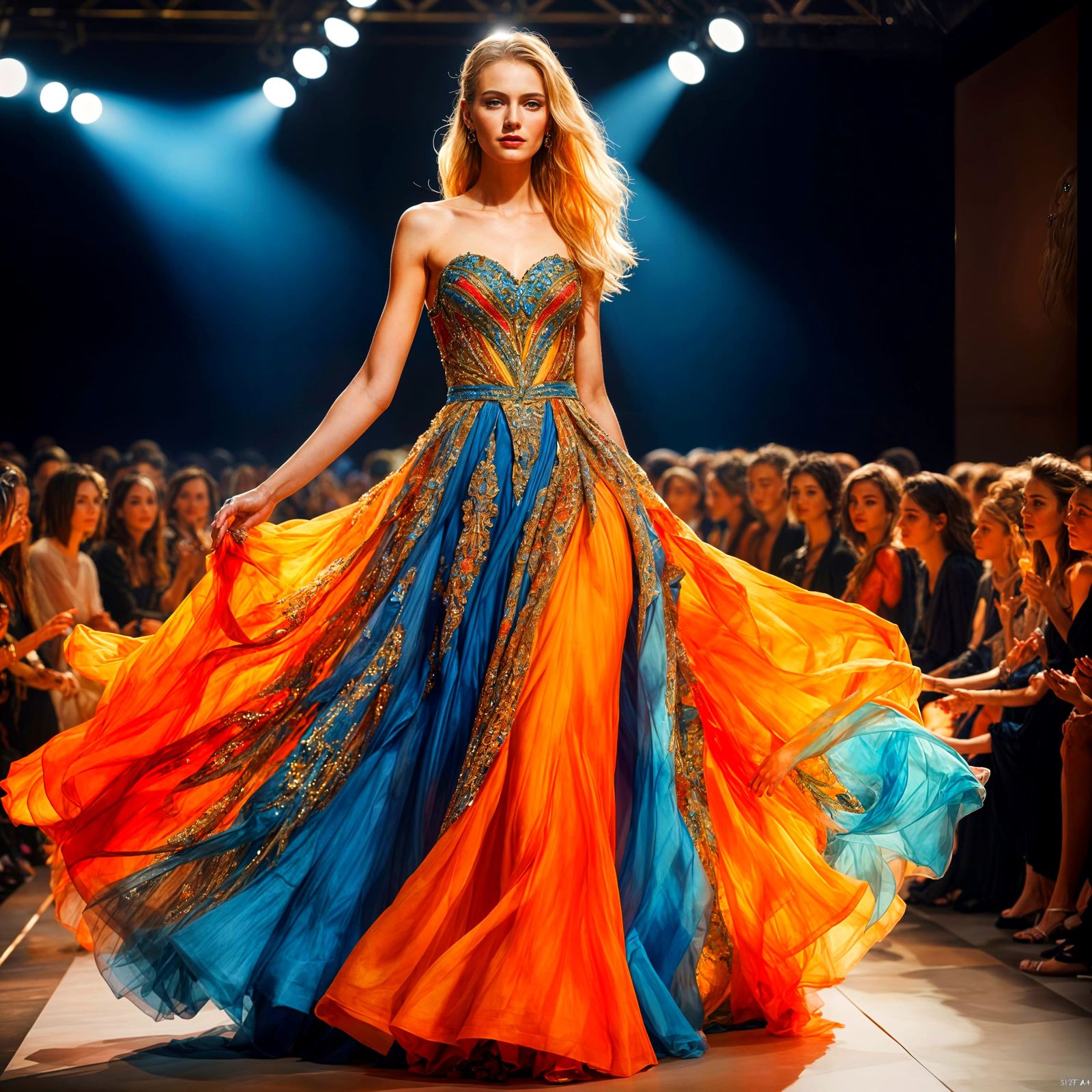 Vibrant Runway Goddess in Impressionistic Splendor