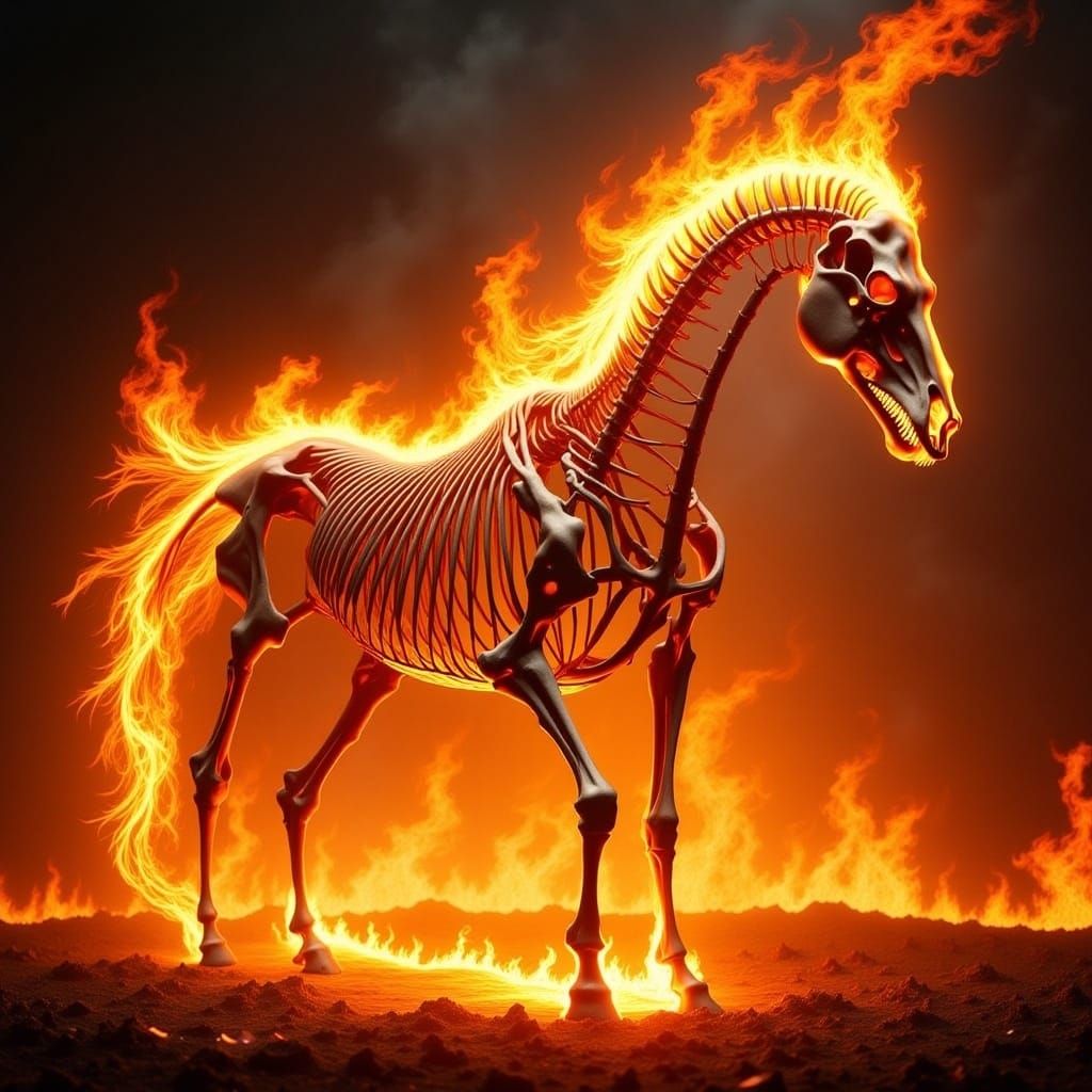 Fiery Horse Skeleton Emerges in Digital Art