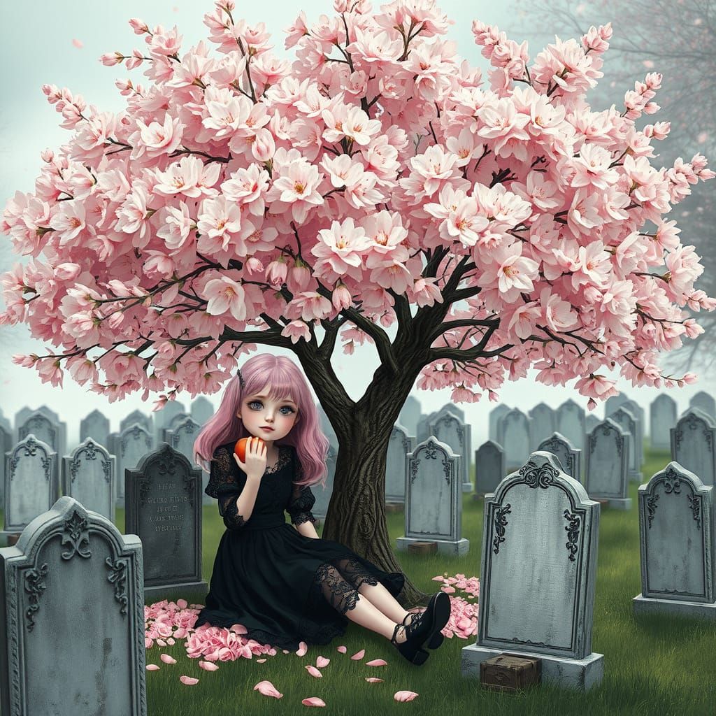 Pastel Goth Girl Under Cherry Blossom Tree
