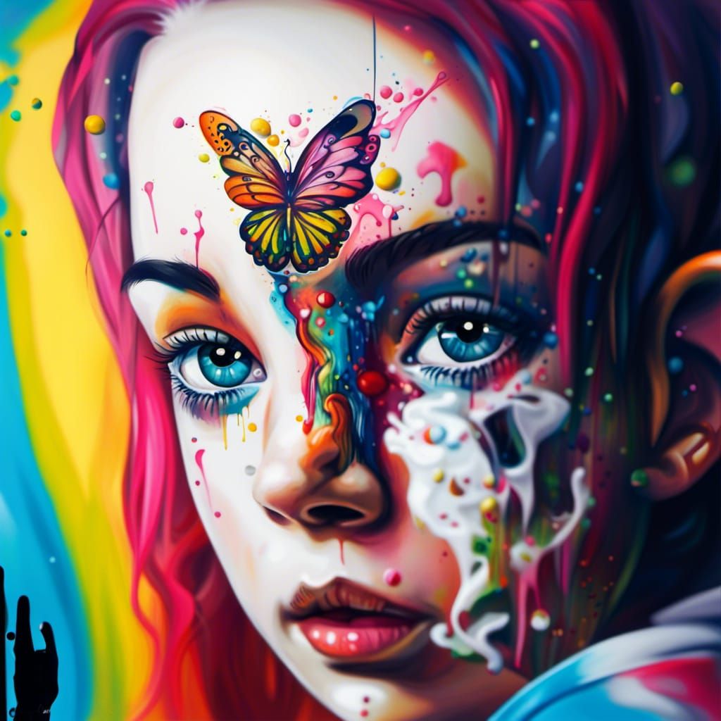 Tea Cup Pixie Graffiti Art in Polychromatic Colors