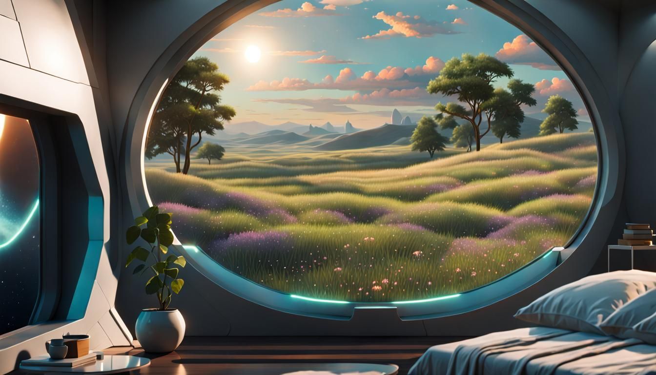 Sci-Fi Room Overlooking Prairie with Three Suns