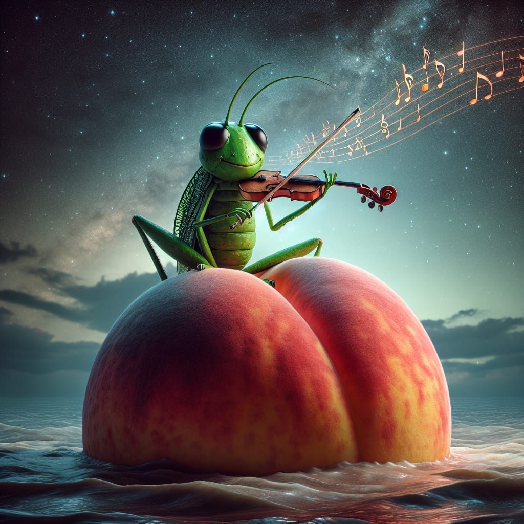 Grasshopper Violinist on a Giant Peach at Night