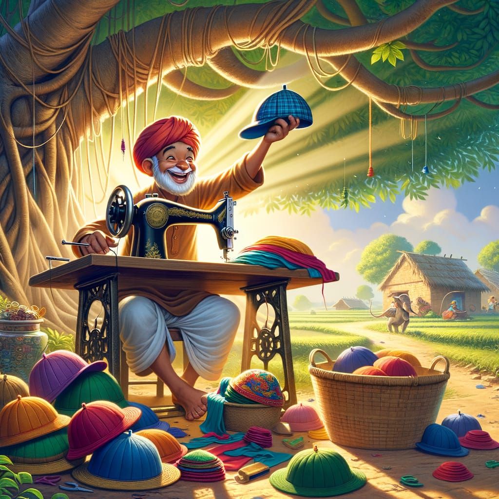 Tailor Sewing Caps Under Banyan Tree in Storybook Style