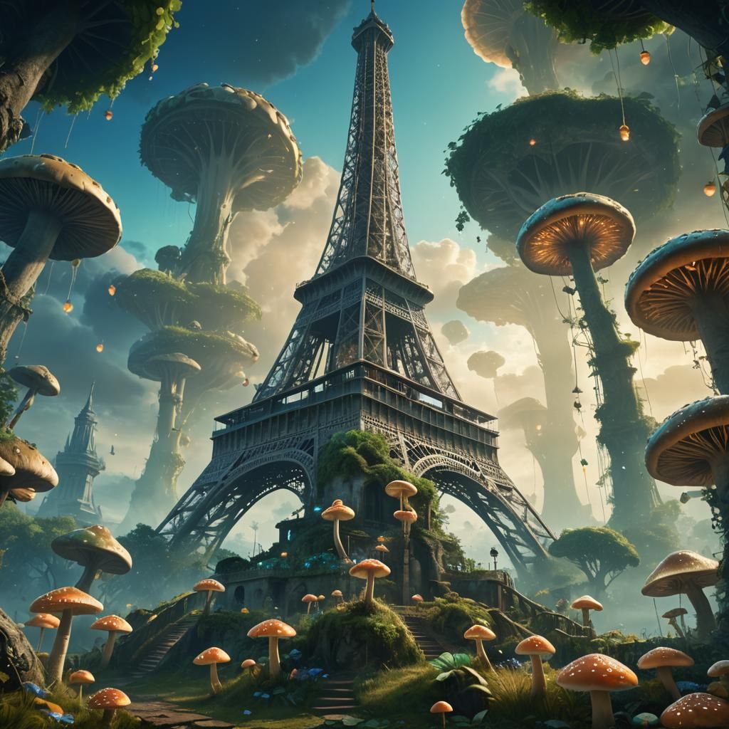 Eiffel Tower Surrounded by Luminous Mushrooms