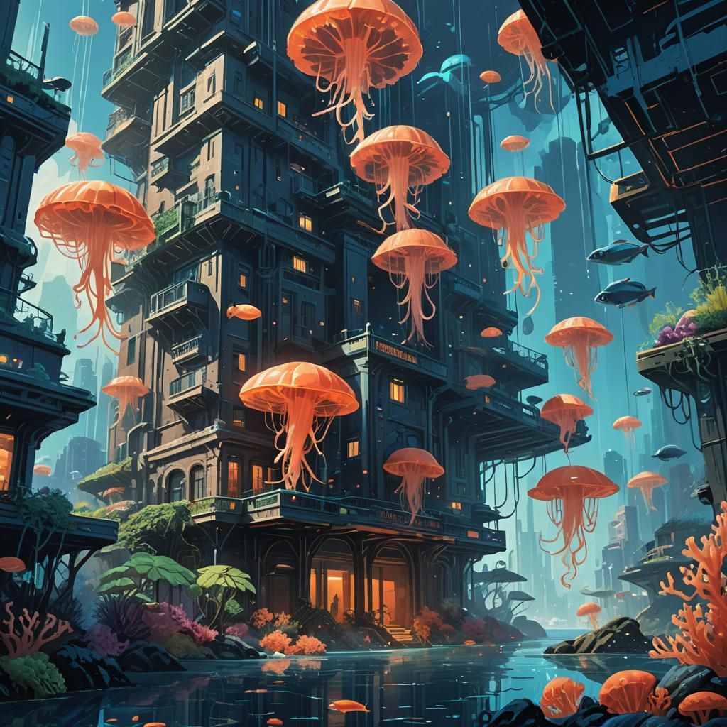 Underwater City Concept Art with Coral Reef