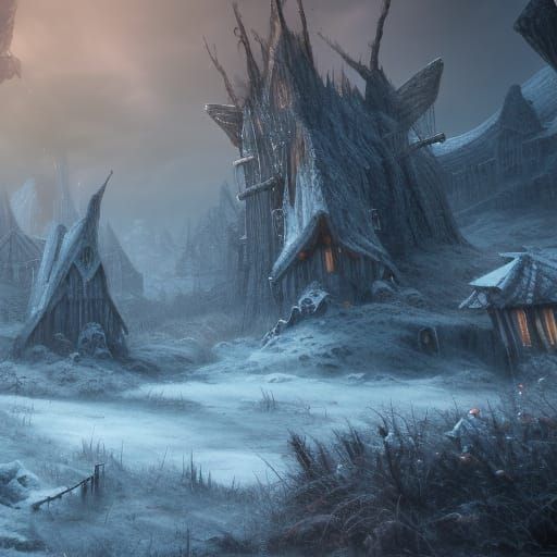 Dark Fantasy Ruined Village in Frozen Tundra