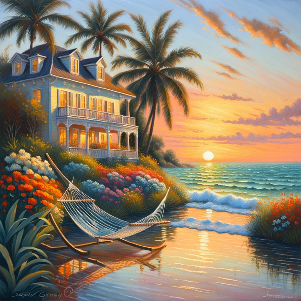 Ocean Dream House in Sunset Light as Oil Painting
