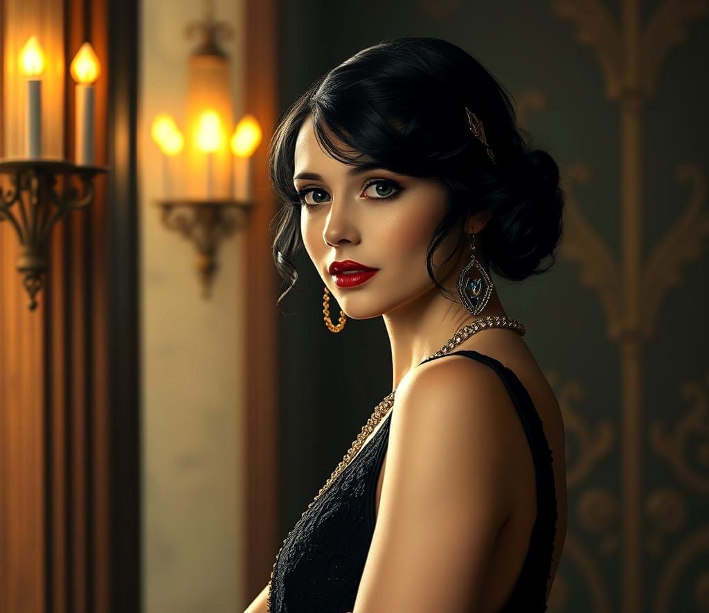 Elegant Woman in Black Dress, Roaring 20s Portrait