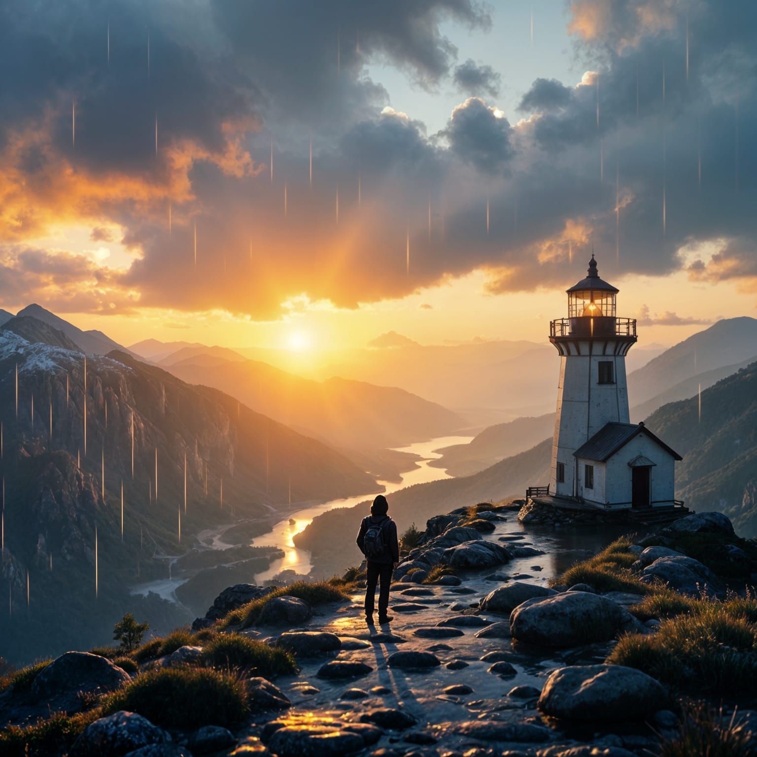 Mountaintop Figure Gazing at Lighthouse in Rain