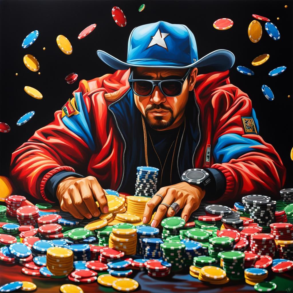 Hyperrealistic Man Playing Texas Hold 'em in Graffiti Art
