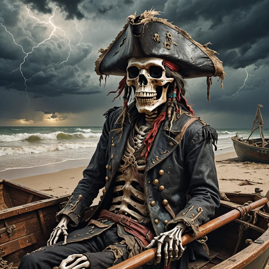Skeleton Pirate on Stormy Beach