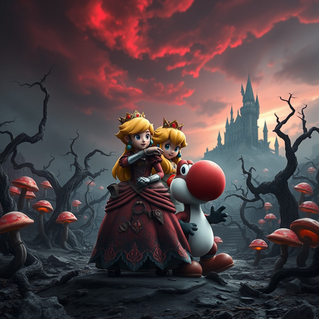 Princess Peach and Yoshi in Dark Fantasy Apocalypse