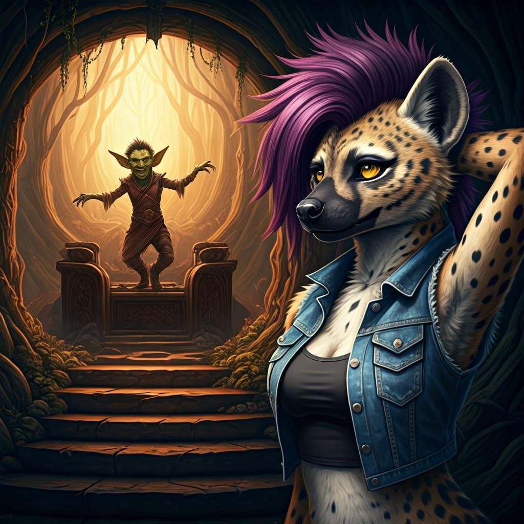 Elfin Goblin Dances with Hyena in Dark Grotto