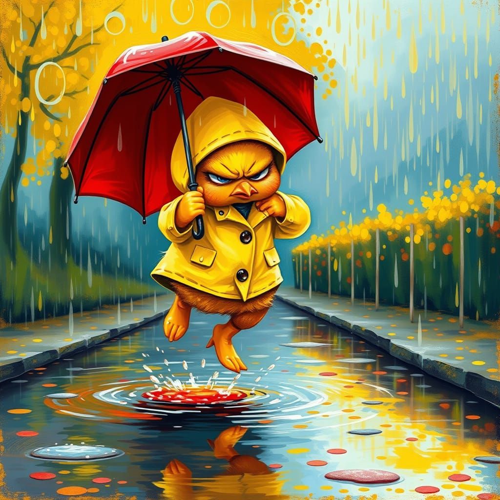 A grumpy chick outfitted in a bright yellow raincoat and yellow boots  ...