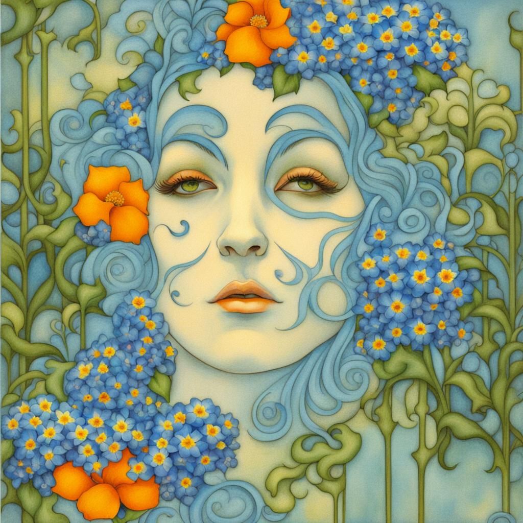 Art Nouveau Woman with Forget-Me-Nots
