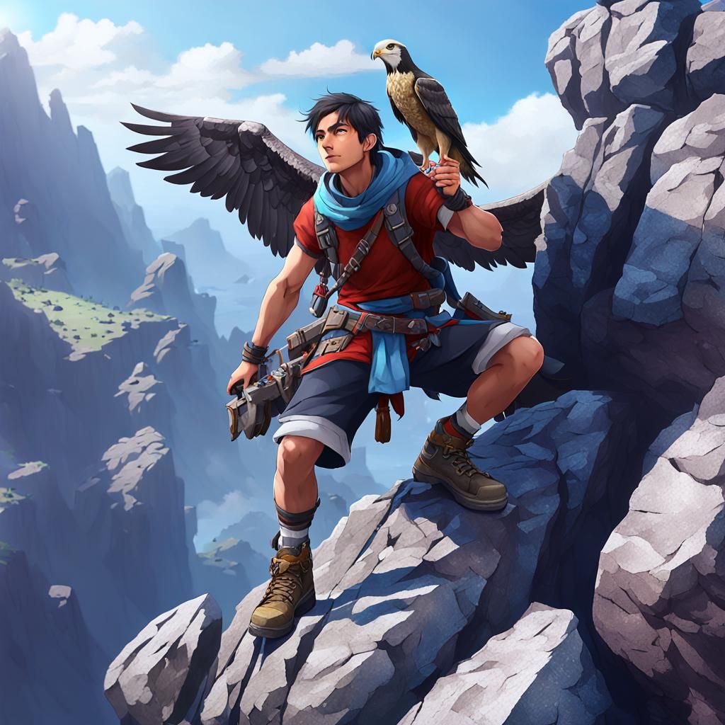 Fantasy Adventurer and Falcon Climb Cliff in Anime Style