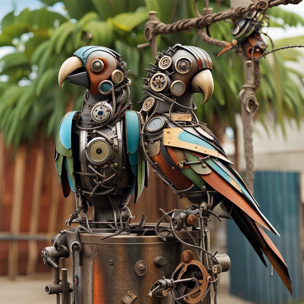 Steampunk Parrots on Scrap Metal Tree