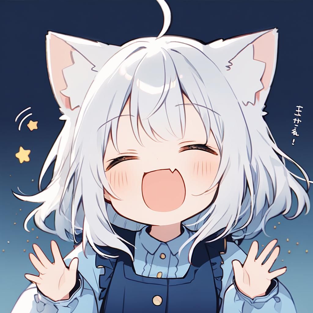 Adorable Catgirl with White Hair and Blue Dress